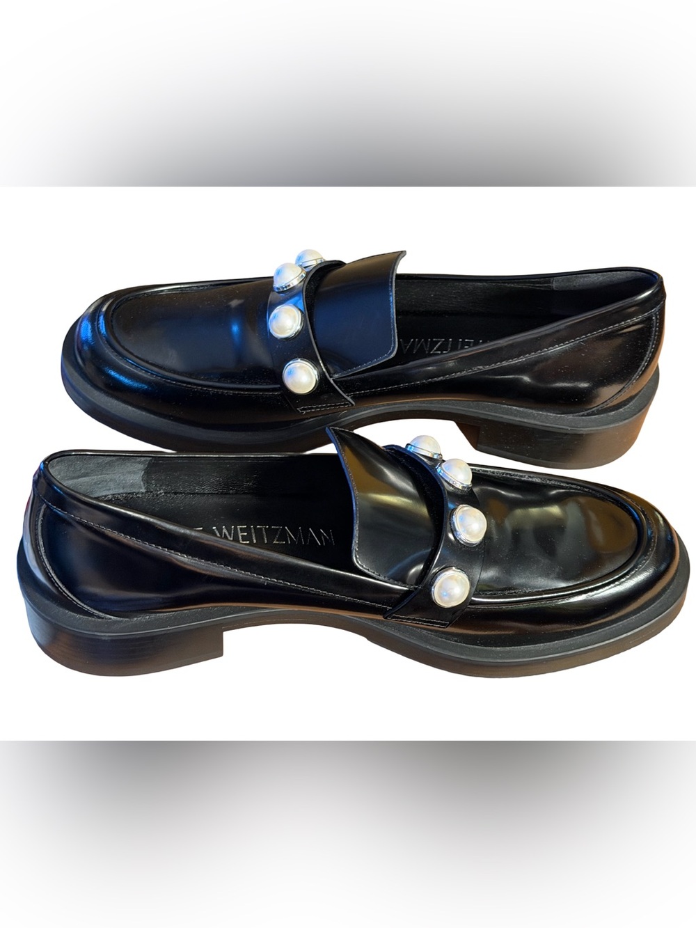 Stewart Weitzman NWT Sz 9.5 Portia Black Patent Leather Loafers Pearl Trim SH473 - Picture 2 of 11